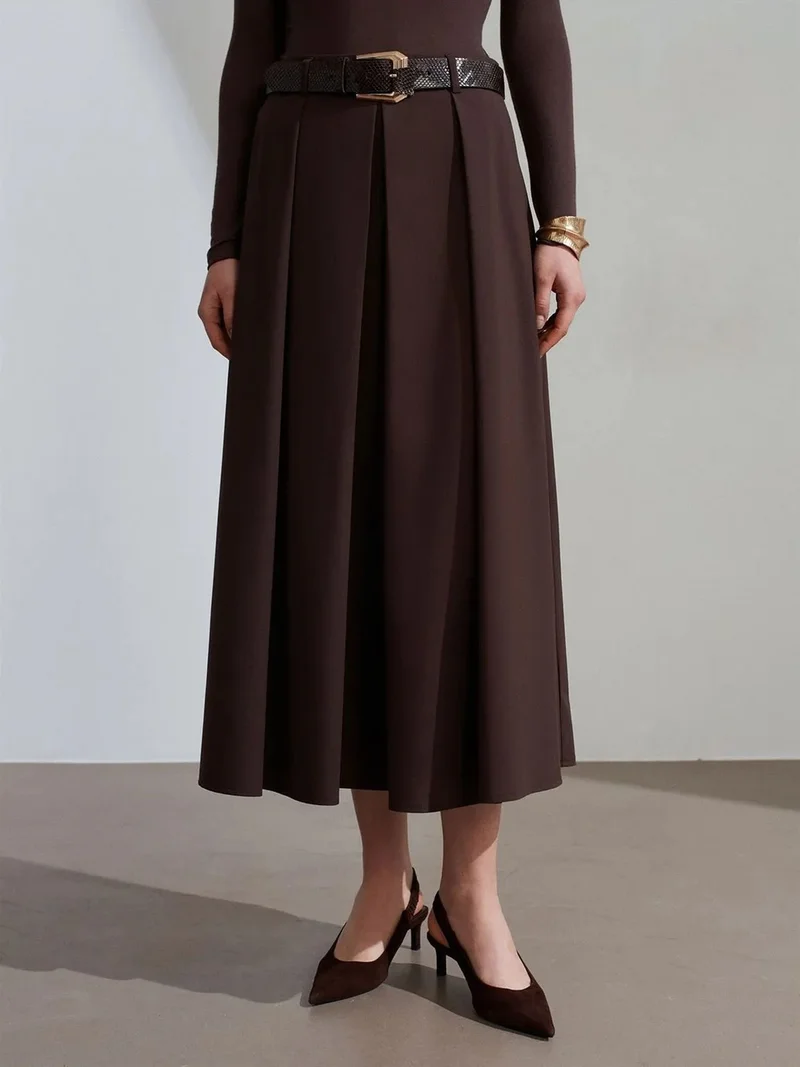 ديلفين DILVIN High-Waist Midi Straight Crepe Skirt