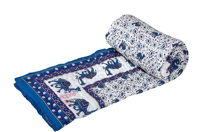 LOARSHY Pure Cotton Floral Printed Blue Quilt | Lightweight and Warm Jaipuri Rajasthani Single Bed Reversible Sanganeri Razai | Soft Razai for Winters |Gift Item - Image 3