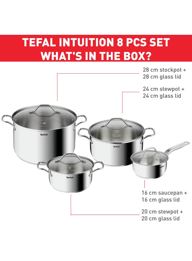 تيفال TEFAL Intuition طقم 8 قطع | قدر 16 سم مع غطاء، قدور طبخ 20/24 سم مع أغطية، قدر كبير 28 سم مع غطاء | ستانلس ستيل ممتاز 18/10 | علامات قياس | غطاء زجاجي | مناسب للحث الحراري | للطهي البطيء والغلي | وصفة | B864S874 فضي / شفاف - Image 2