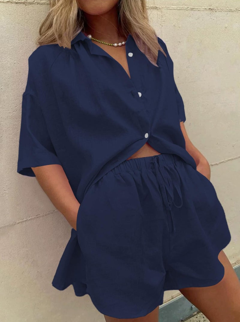 Fixmatti 2 Piece Shorts Set For Women Short Sleeve Button Down Blouse And Pant Set With Pocket Navy M - Image 4