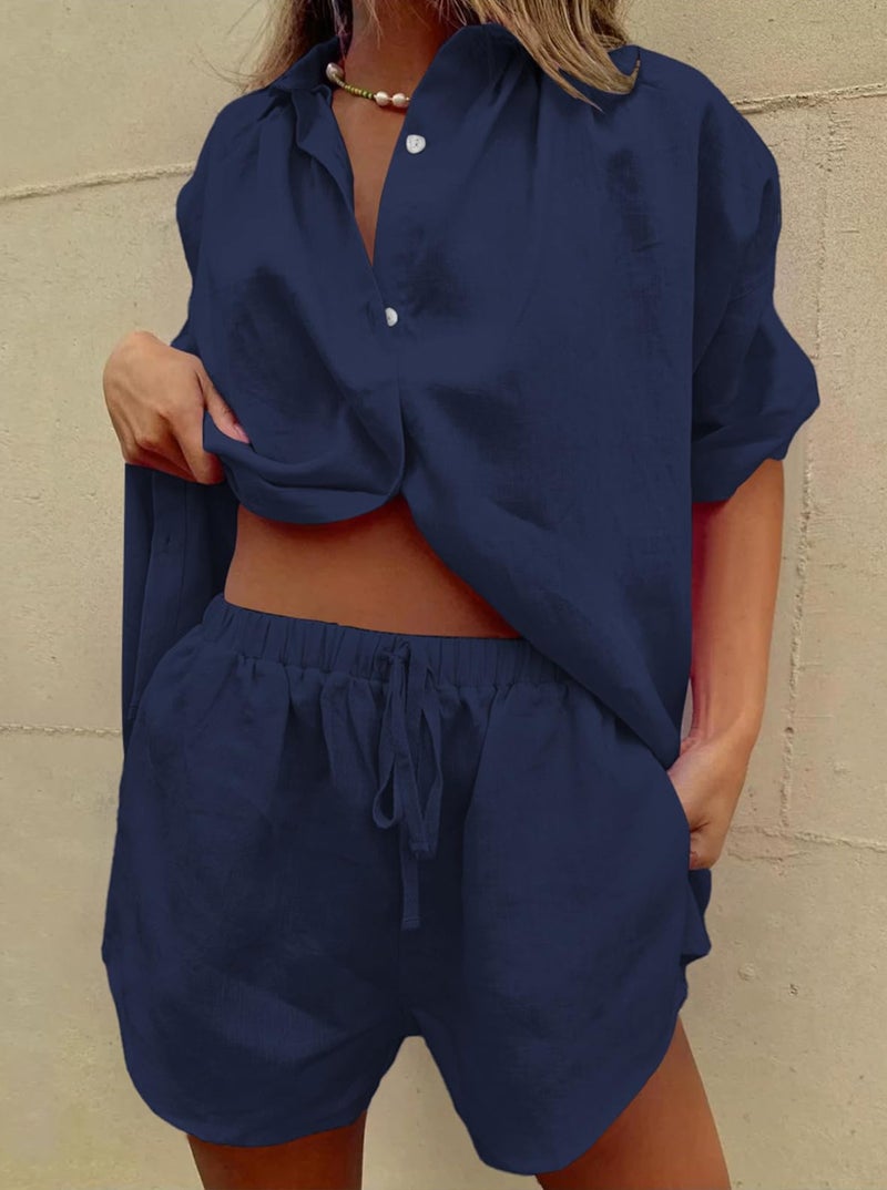 Fixmatti 2 Piece Shorts Set For Women Short Sleeve Button Down Blouse And Pant Set With Pocket Navy M - Image 5