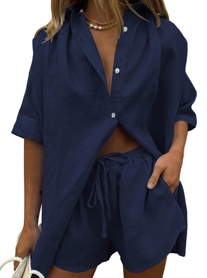 Fixmatti 2 Piece Shorts Set For Women Short Sleeve Button Down Blouse And Pant Set With Pocket Navy M - Image 1