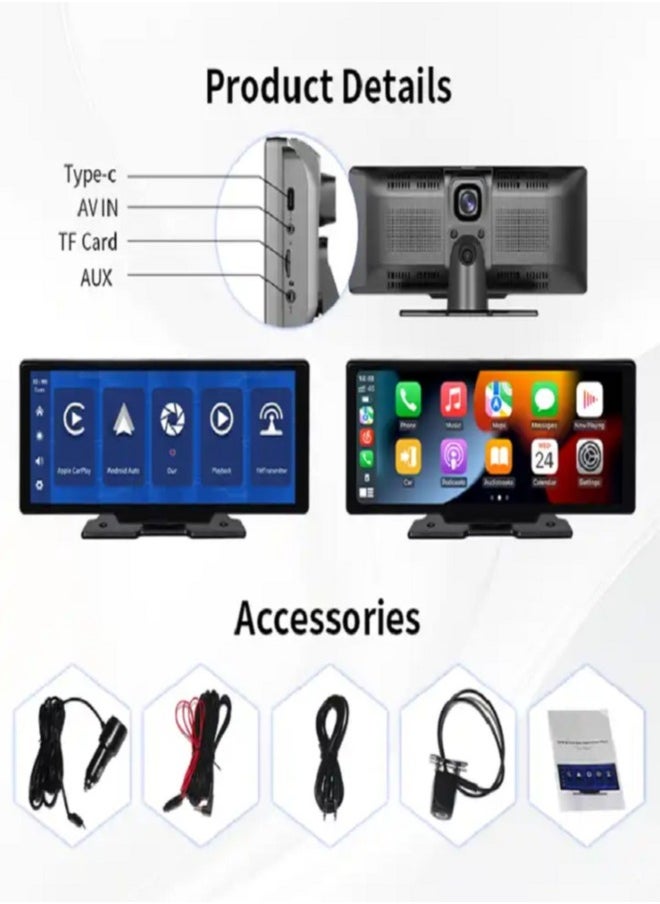 Generic - Easy-to-install 10.26-inch IPS touch carplay screen, with 2K front and rear dash cam, supports Apple CarPlay, Android Auto, Bluetooth, GPS, AUX port. - Image 1