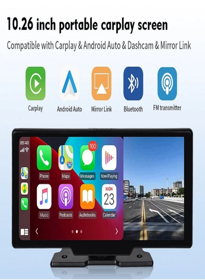 Generic - Easy-to-install 10.26-inch IPS touch carplay screen, with 2K front and rear dash cam, supports Apple CarPlay, Android Auto, Bluetooth, GPS, AUX port. - Image 1