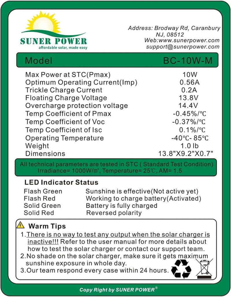 SUNER POWER 10W 12V Solar Battery Charger Maintainer, Built-in Smart MPPT Charge Controller, Adjustable Mount Bracket, Waterproof 10 Watt Solar Panel Kits for Car Automotive Boat Marine RV Trailer - Image 5