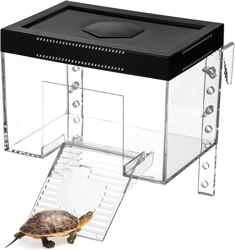 Turtle Sunshine Basking Platform with Adjustable Ramp & Lid, Transparent Habitat with Hex Lamp Hole - Image 1