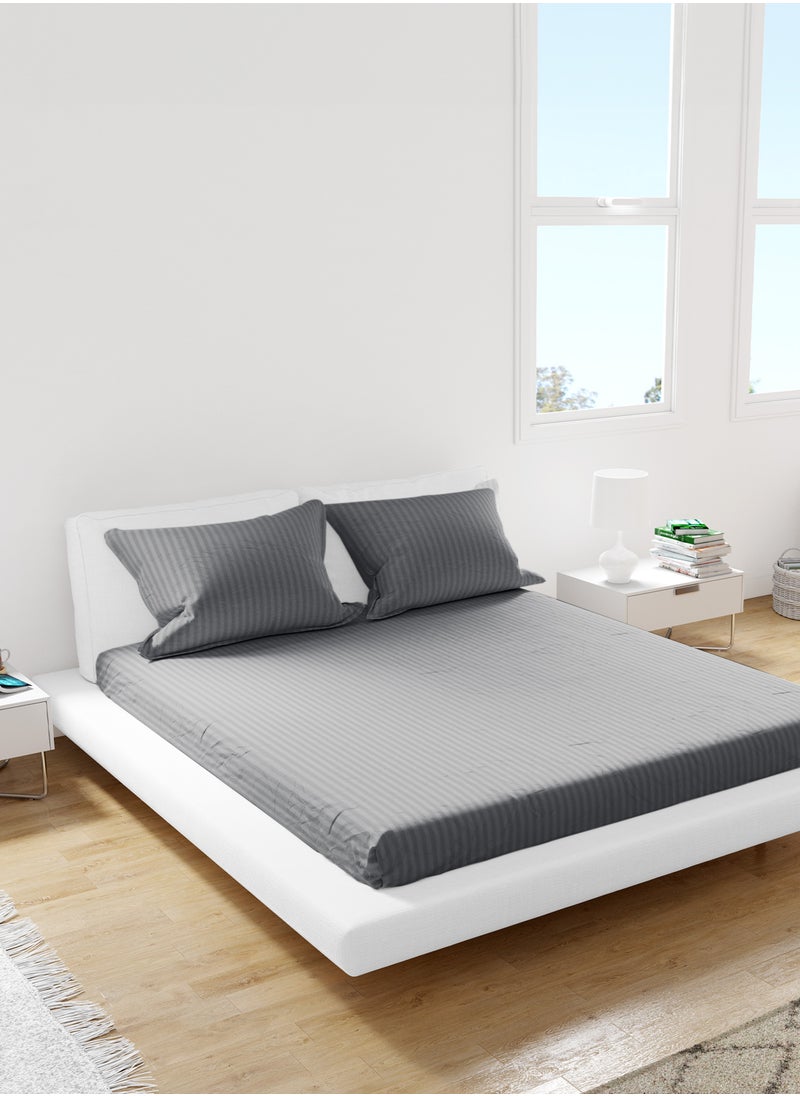 American Linen Queen Striped Fitted Sheet with 2 Pillow Case 180 x 200 Cm Grey  - Image 1