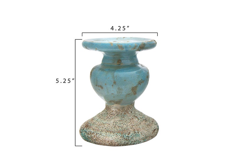 Creative Co-Op Small Distressed Blue Terracotta Pillar Candle Holder - Image 2