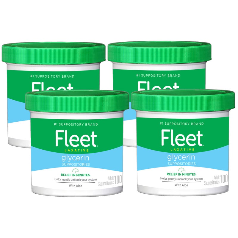 Fleet Glycerin Suppositories for Constipation Relief, Fast and Effective Stimulant-Free Laxative with Aloe Vera, 100 Count Jar, Pack of 4 - Image 1