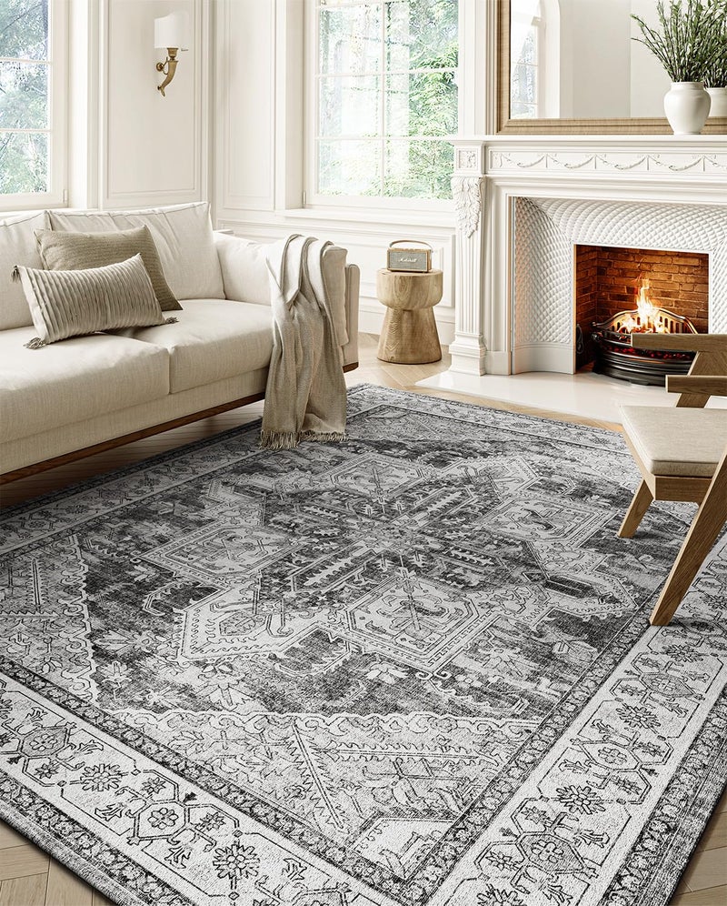 WITSHOCK Boho Area Rugs Machine Washable for Living Room Bedroom  Large 5x7 Vintage Non-Slip Stain Resistant Floor Carpet Indoor for Kitchen Dining Room Office Home Decor  Gray - Image 1