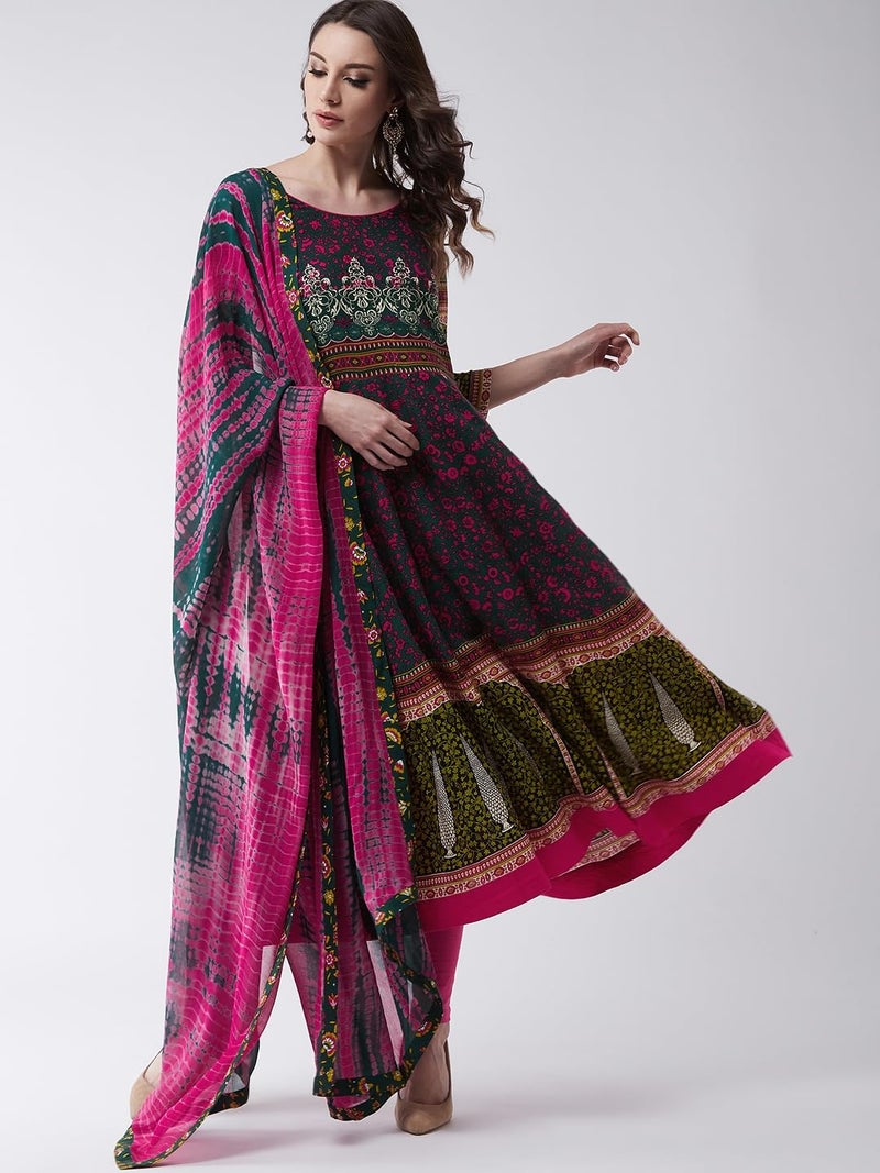 Pannkh Women's Mughal Flared Kurta with Tie-Dye Dupatta Multicolour - Image 2