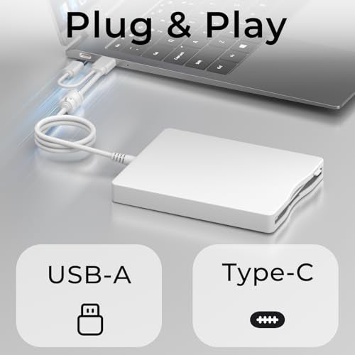 MthsTec USB Floppy Drive, 3.5" External USB & Type-C Floppy Disc Reader, External Floppy Disk Drive Portable 1.44 MB Plug and Play FDD for PC Windows XP 7 8 10 11(White) - Image 3