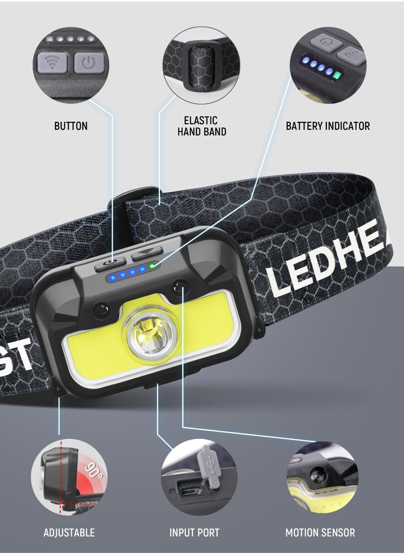 Dominy LED Headlamp,rechargeable Headlamp, Bright Head Lamp With White Red Green 14 Modes Adjustable Waterproof Motion Sensor Headlight For Outdoor Camping, Running, Cycling, Hiking  - Image 2