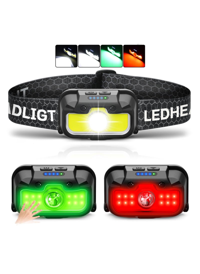 Dominy LED Headlamp,rechargeable Headlamp, Bright Head Lamp With White Red Green 14 Modes Adjustable Waterproof Motion Sensor Headlight For Outdoor Camping, Running, Cycling, Hiking  - Image 1