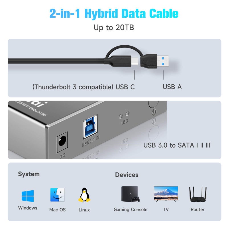 ikuai Hard Drive Enclosure 3.5" Aluminum USB 3.0 / USB C to SATA Hard Drive Dock Case for 3.5 inch Internal HDD & SSD up to 20TB - Image 3