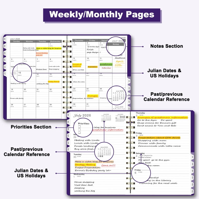 Ymumuda 2026 Planner, Daily Weekly and Monthly Plannerï¼ŒJan 2026 - Dec 2026, 8.4" x 6.3", 2026 Calendar Planner Book with Tabs, Spiral Notebook with Inner Pocket for Office Home School Supplies - Image 3