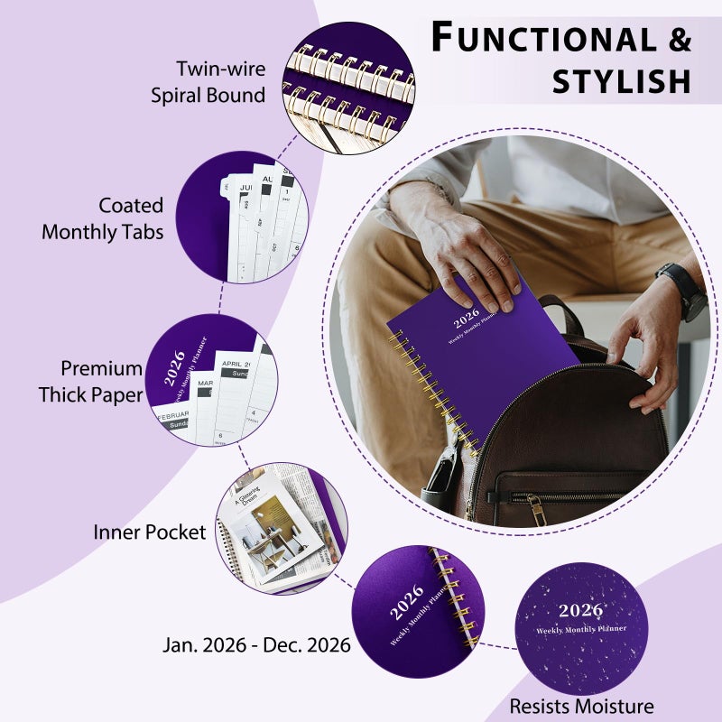 Ymumuda 2026 Planner, Daily Weekly and Monthly Plannerï¼ŒJan 2026 - Dec 2026, 8.4" x 6.3", 2026 Calendar Planner Book with Tabs, Spiral Notebook with Inner Pocket for Office Home School Supplies - Image 5
