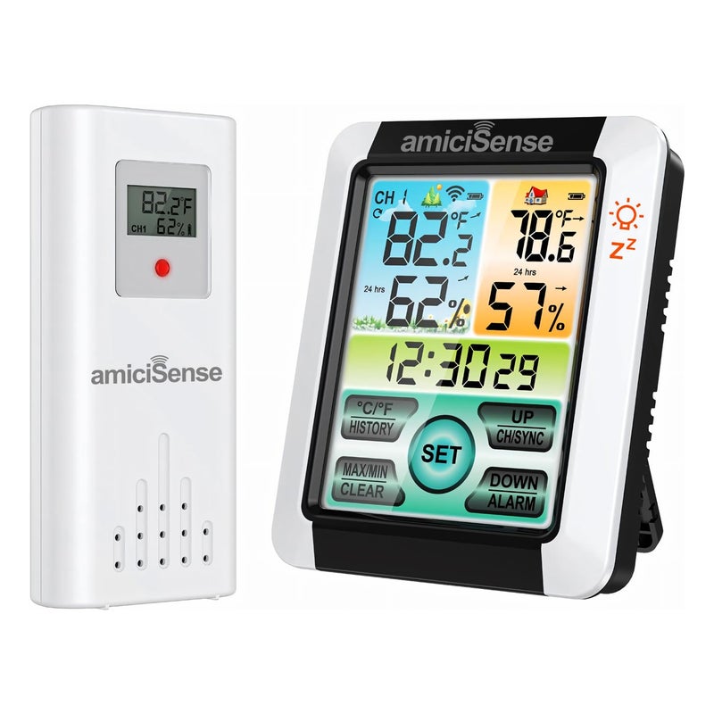 amiciSense Digital Weather Station, Outdoor/Indoor Temperature and Humidity Monitoring Device with Touch Screen and Clock Function - Image 1