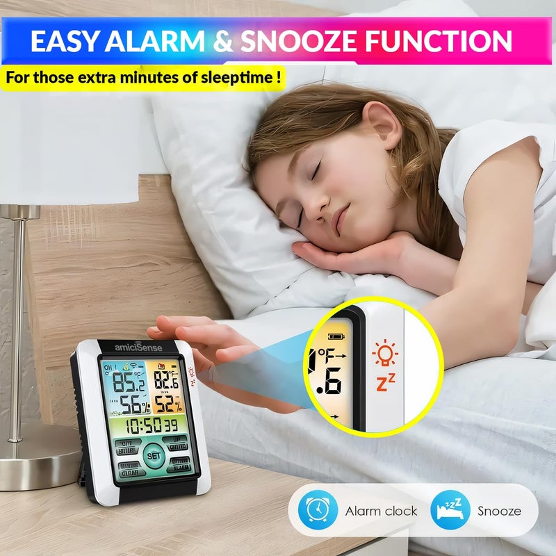 amiciSense Digital Weather Station, Outdoor/Indoor Temperature and Humidity Monitoring Device with Touch Screen and Clock Function - Image 4