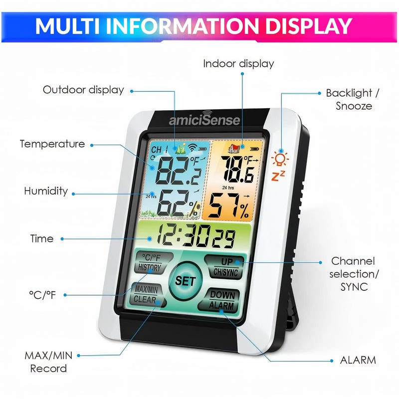 amiciSense Digital Weather Station, Outdoor/Indoor Temperature and Humidity Monitoring Device with Touch Screen and Clock Function - Image 3