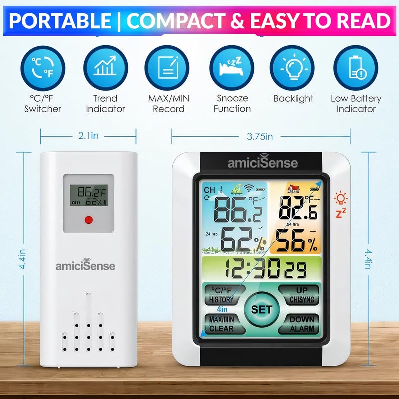 amiciSense Digital Weather Station, Outdoor/Indoor Temperature and Humidity Monitoring Device with Touch Screen and Clock Function - Image 2