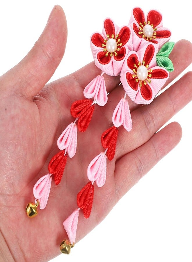 Amosfun 2pcs Womens Girls Kimono Traditional Tsumami Kanzashi Outfit Wedding Japanese Asian Yukata Hair Tie Flower Floral Fan Barrette Clip (Pink/Red, Pink/Purple) - Image 3