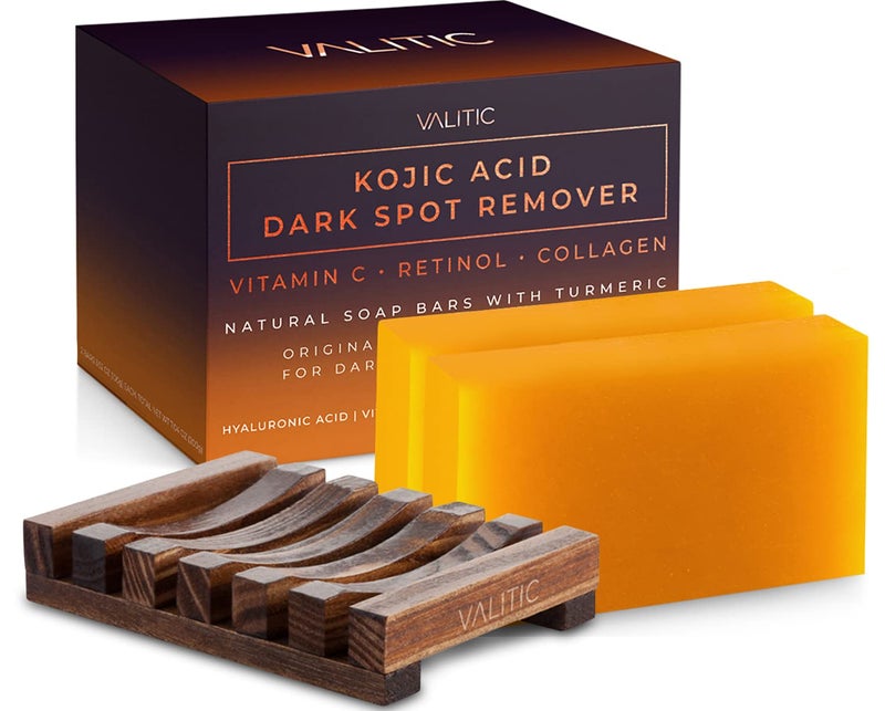 VALITIC Kojic Acid Dark Spot Remover Soap Bar with Vitamin C,Retinol,Collagen,Turmeric - Original Japanese Complex Hyaluronic Acid,E,Shea Butter,Castile Oil (2 Pack) With Holder,Pack of 3,3.5 ounces - Image 1