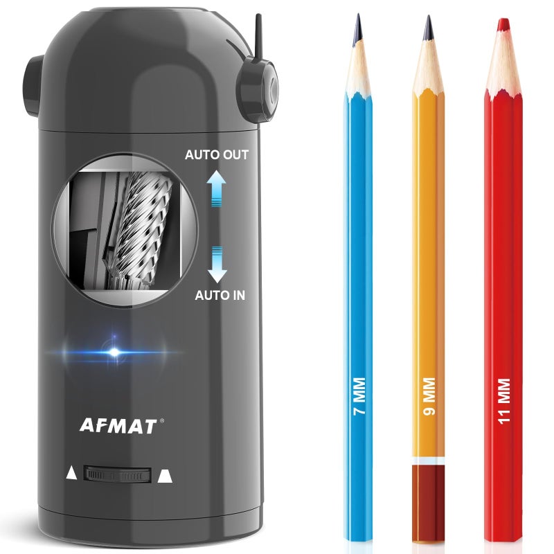 AFMAT Electric Pencil Sharpener for Colored Pencils 7115mm Fully Automatic Robot Pencil Sharpener Auto in Out Rechargeable HandsFree Pencil Sharpeners for Large Pencils Home Classroom Gray