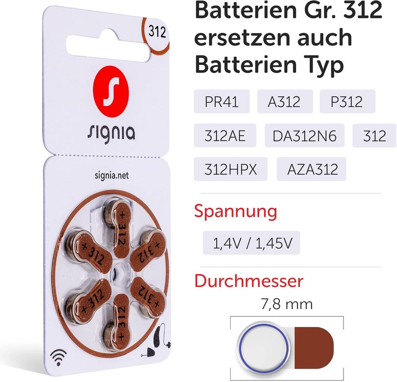 Signia بطاريات سمعات سيجنيا مقاس 312 بني عبوة 60 (10 × 6 بطاريات) مع قطعة تنظي�� - Image 3