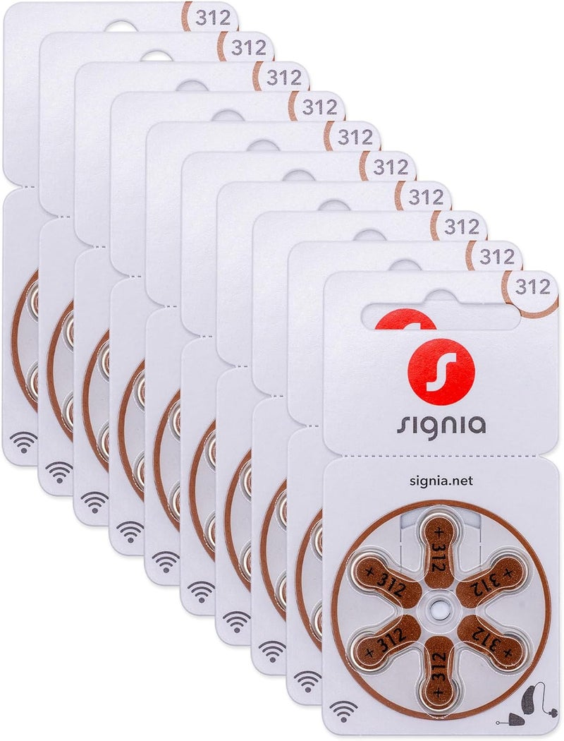 Signia بطاريات سمعات سيجنيا مقاس 312 بني عبوة 60 (10 × 6 بطاريات) مع قطعة تنظي�� - Image 1
