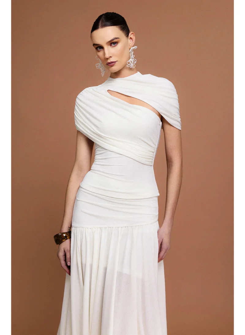 Bella Barnett Fresco Short Sleeves Asymmetric Folds Top And Skirt Two-Piece Set