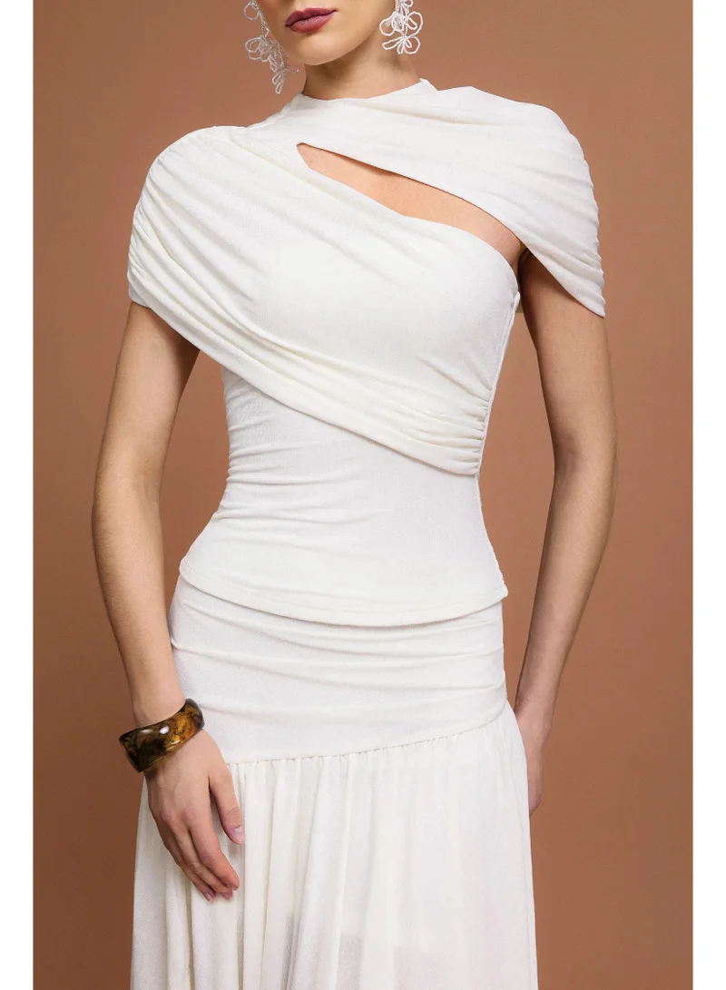 Bella Barnett Fresco Short Sleeves Asymmetric Folds Top And Skirt Two-Piece Set