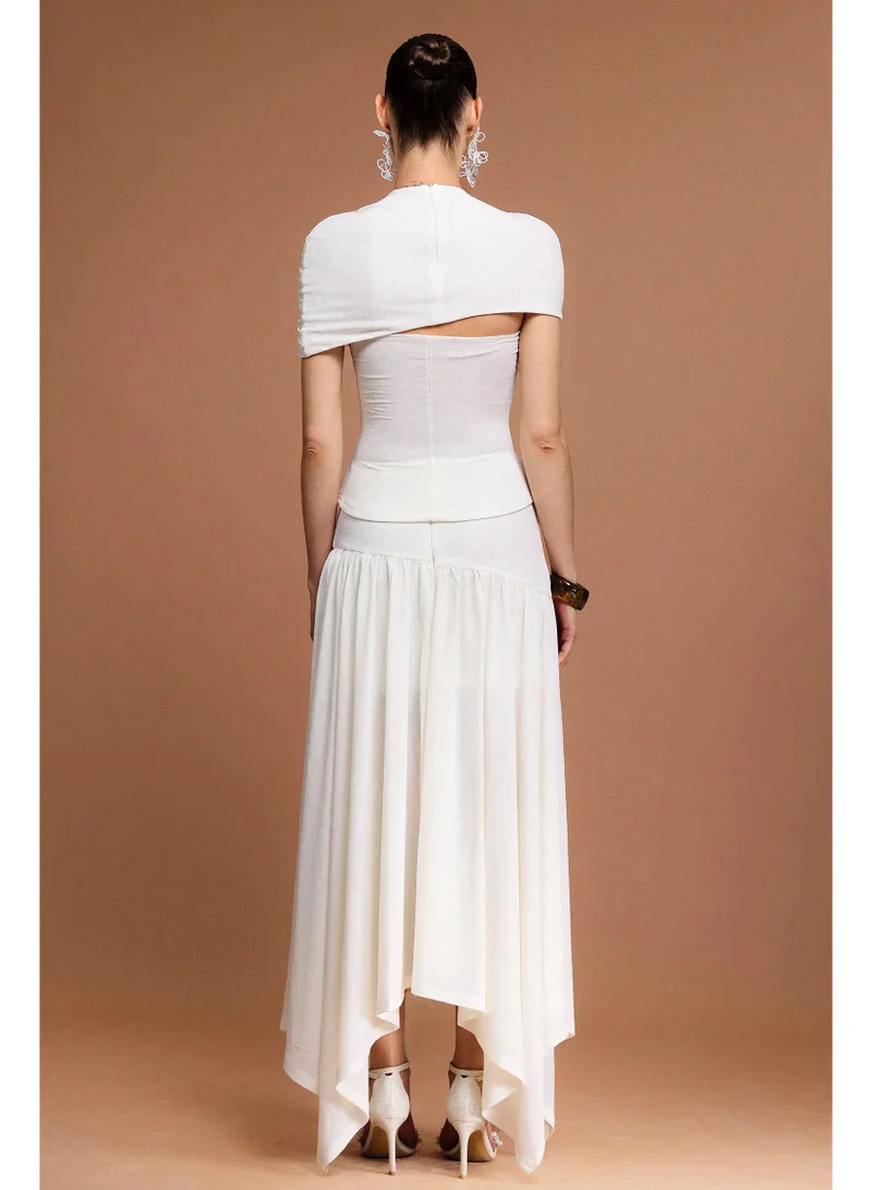 Bella Barnett Fresco Short Sleeves Asymmetric Folds Top And Skirt Two-Piece Set