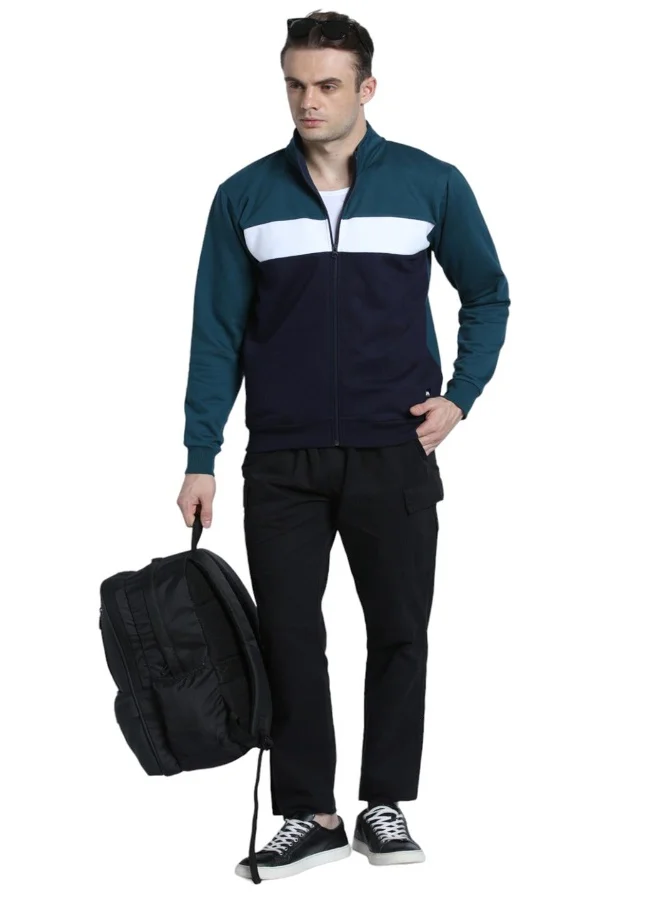 دينيس لينغو Regular Fit Navy Colourblocked Mock Neck Sweatshirt for Men - Polycotton, Full Sleeves