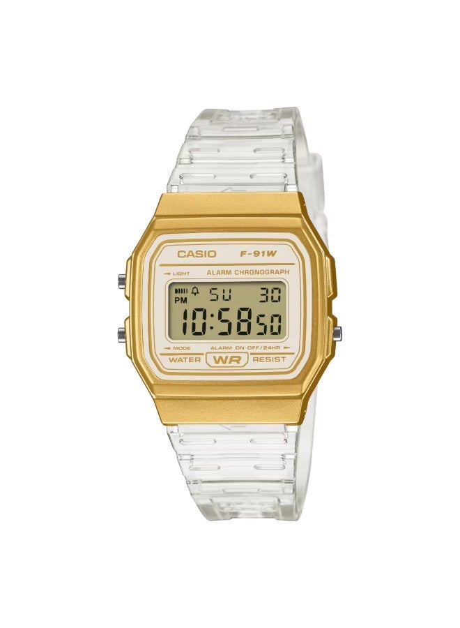 CASIO Vintage Digital Unisex Watch F-91WS-7A2, 38.2mm Gold Resin Case & Transparent Resin Strap, LED Light, Stopwatch, Alarm, 30 m WR - Image 1