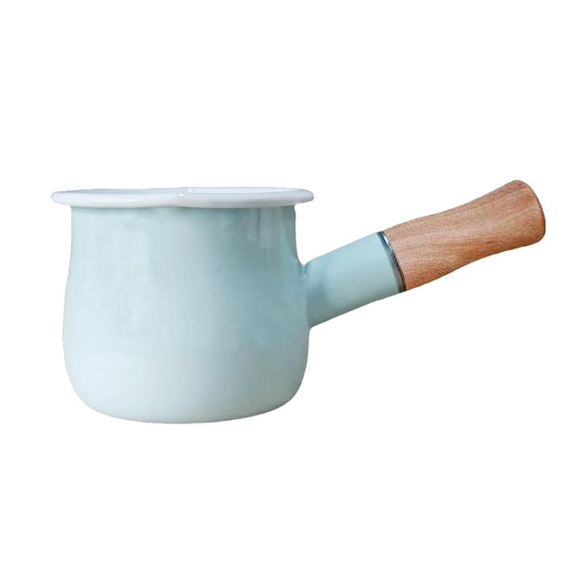 FARCADY 0.6qt Mini Enamel Milk Pot Insulated Wooden Handle 2 Pour Spouts Small Food Warmer Cute Saucepan (D015,Mint Green) - Image 1