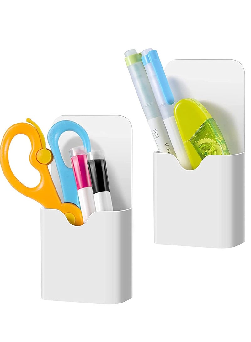 Magnetic Marker Holder, Pen Holder for Whiteboard or Fridge, Magnet Pencil Cup Storage Organizer for School, Office, Home, Locker and Metal Cabinets, 2 Pack (White) - Image 1