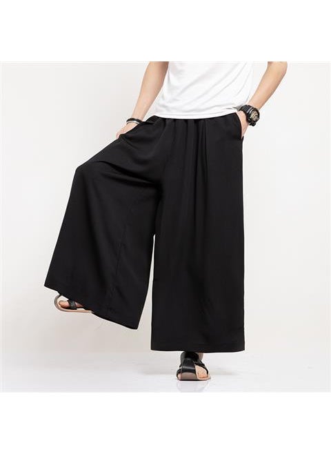 Generic Casual Chinese Wide Leg Pants Men Loose Straight Tube Versatile Thin Leisure Flared Nine Points Harem Skirt Pants Cloud Pants Black  - Image 1