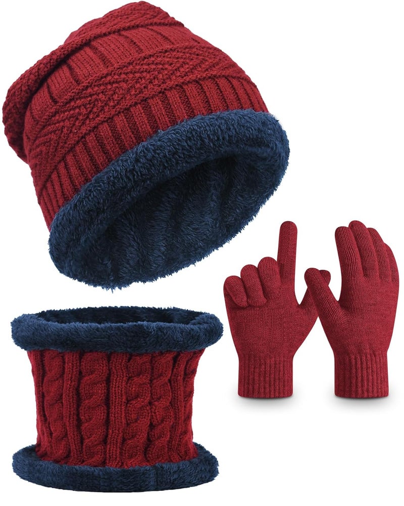 EAONE طقم قبعة صوفية شتوية وسكارف رقبة مع قفازات، قبعة مبطنة بالفليس السميك وسكارف دافئ للفتيان والفتيات، أسود، العمر 5-12 - Image 1