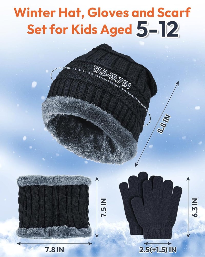 EAONE طقم قبعة صوفية شتوية وسكارف رقبة مع قفازات، قبعة مبطنة بالفليس السميك وسكارف دافئ للفتيان والفتيات، أسود، العمر 5-12 - Image 2