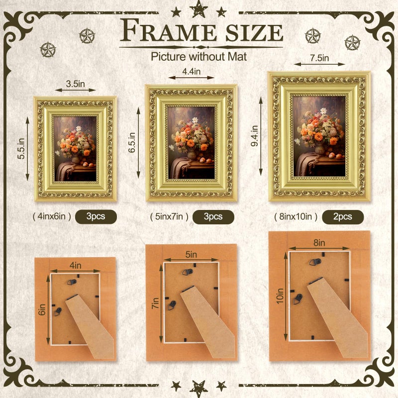 Novabright 8 Pcs Gold Vintage Picture Frames Gallery Wall Frame Set Antique Collage Photo Decor for Wall Mounting or Tabletop Display Multi Sizes 8x10, 5x7, 4x6 for Gallery Living Room - Image 2