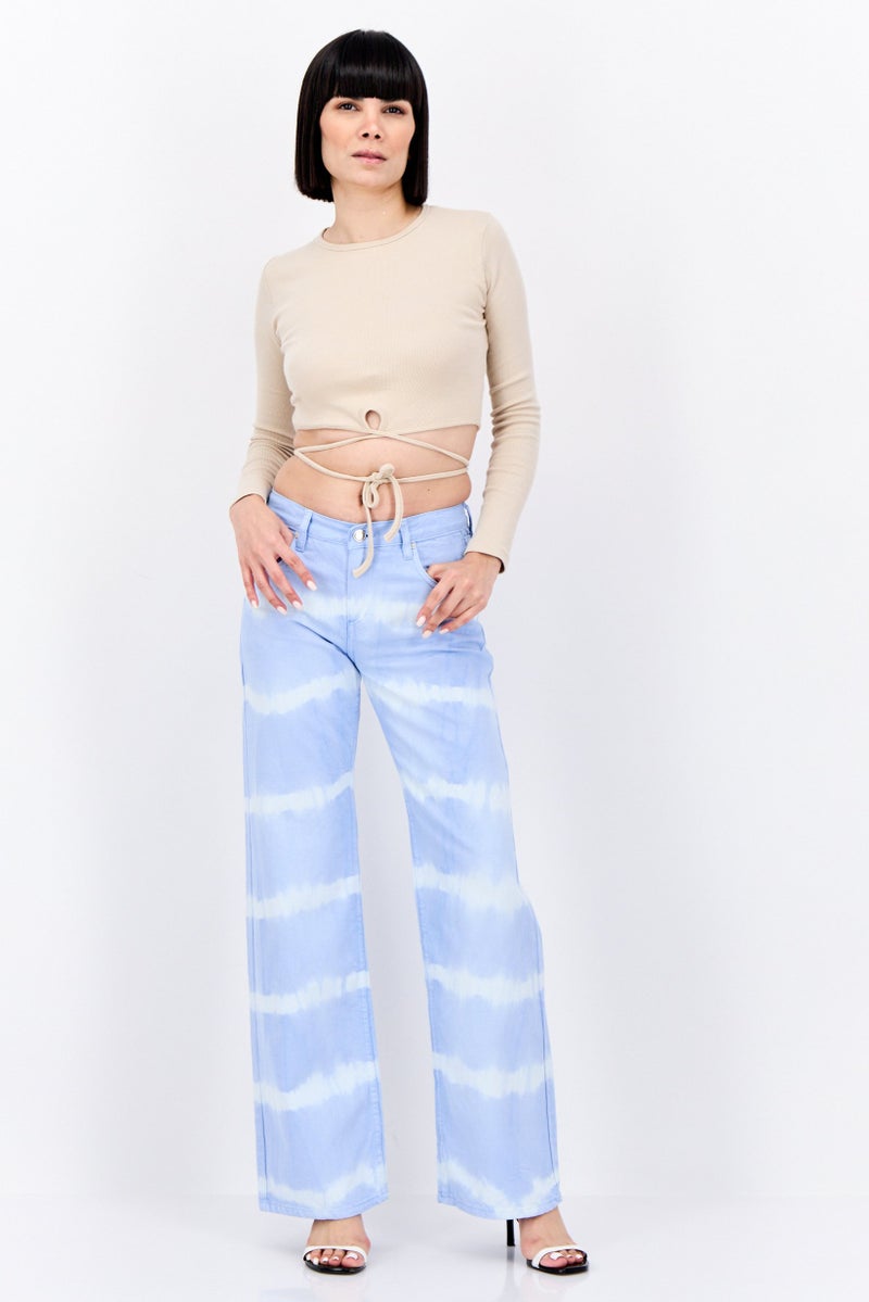 MANGO Women Regular Fit Stripe Wide Leg Jeans, Blue - Image 4