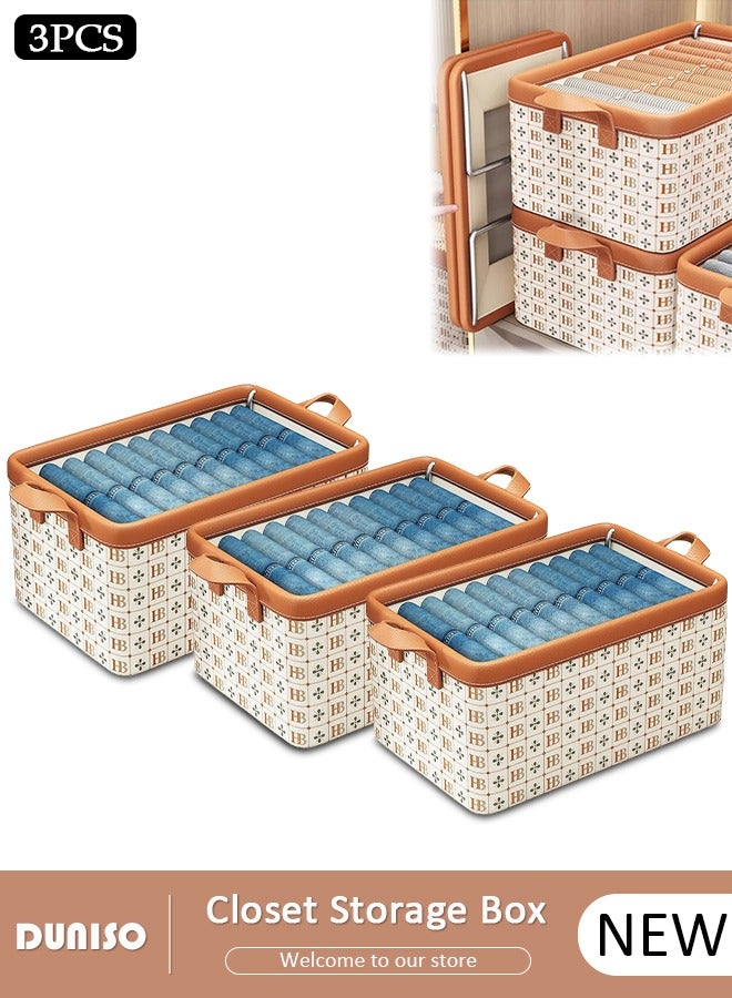 DUNISO 3 Pieces  Closet Storage Bins, HB Steel Frame Storage with Handles, Washable Closet Storage Boxes , Stackable Wardrobe Clothes Organizer, Multi-Purpose Usage Closet Storage Basket, Cube Storage Bin for Clothes Wardrobe Home Bedroom Office(40*25*20cm)  - Image 1