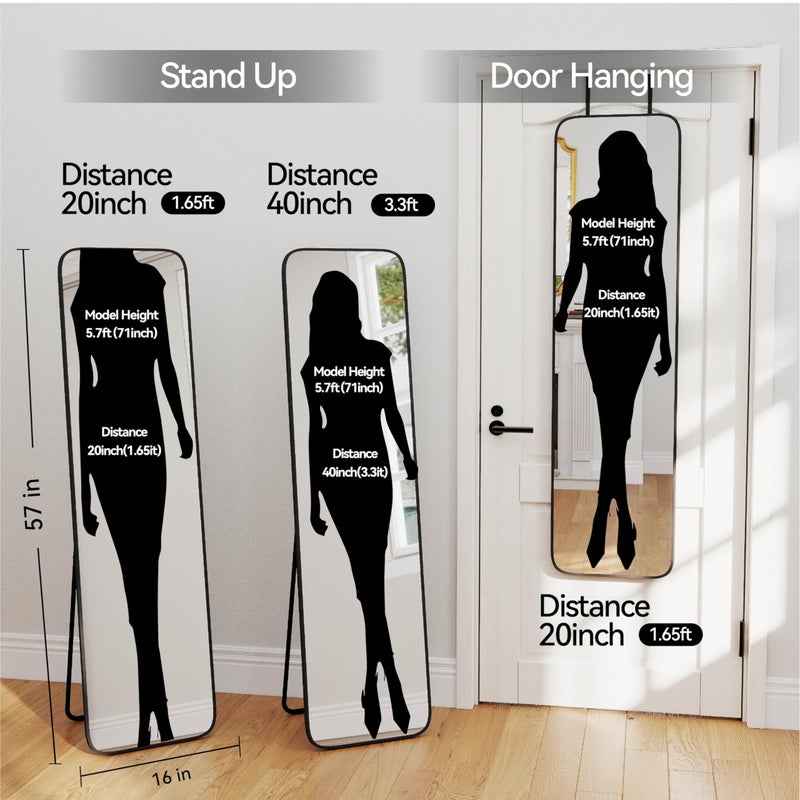 SCWF-GZ 57x16 Door Hanging Full Length Mirror, Floor Stand (Height 5.7ft just Body in1.3ft) Wall Mounted Metal Frame Rectangle Dressing Mirrors for Bedroom Bathroom Room 57 inch Black - Image 4