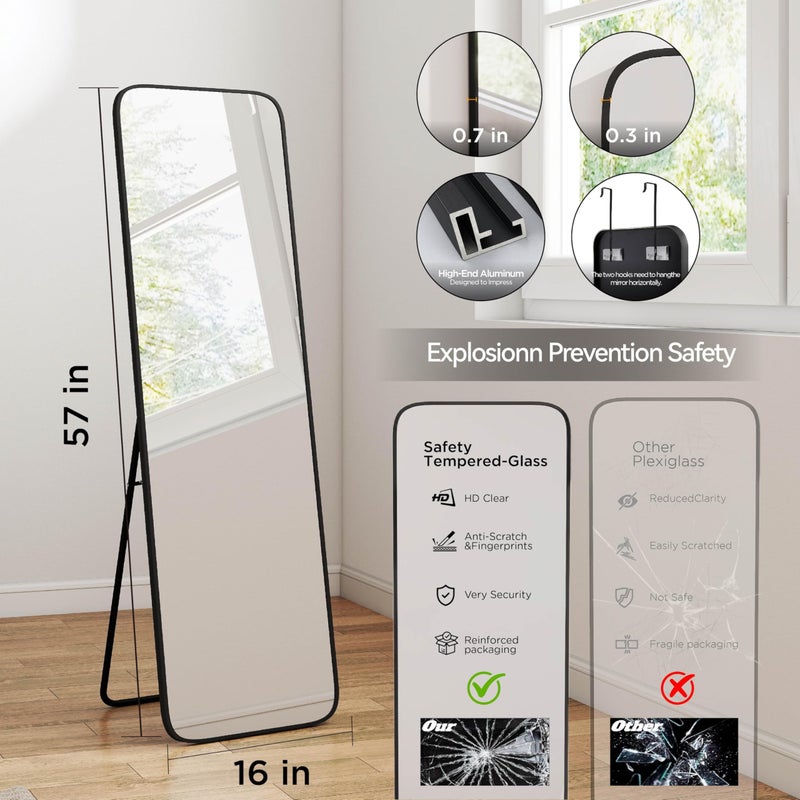 SCWF-GZ 57x16 Door Hanging Full Length Mirror, Floor Stand (Height 5.7ft just Body in1.3ft) Wall Mounted Metal Frame Rectangle Dressing Mirrors for Bedroom Bathroom Room 57 inch Black - Image 3