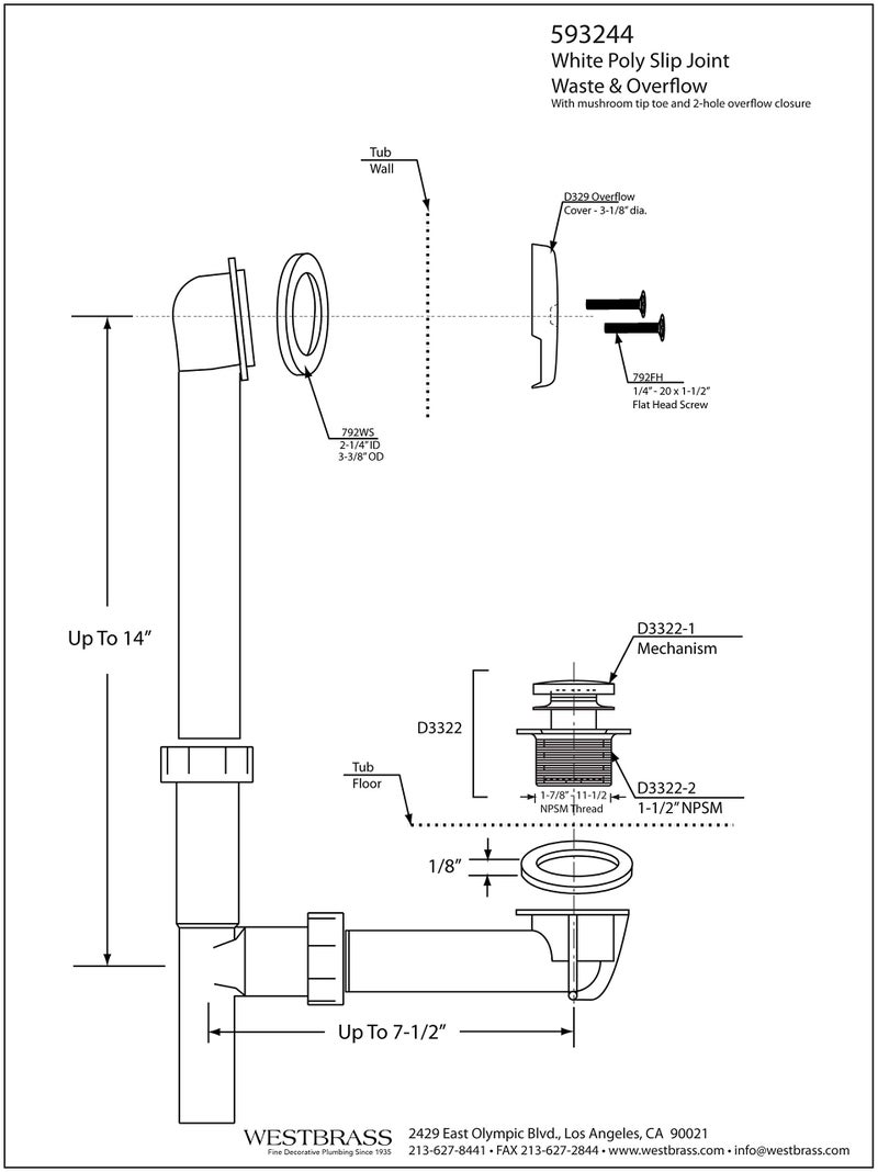 Westbrass Westbrass 593244-62 White 1-1/2" Tubular Tip Toe Bath Waste Drain Kit, Matte Black, 1 Pack  - Image 2