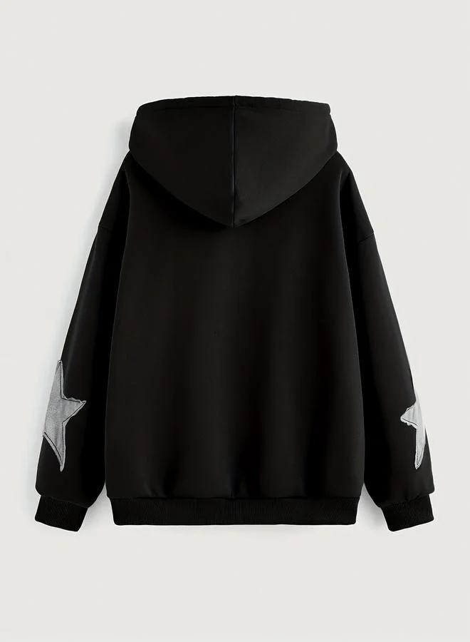 Take Two Black Star Patch Zip-Up Hooded Jacket