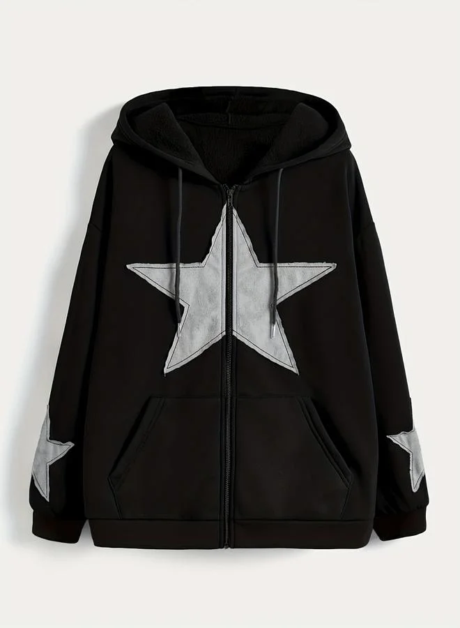 Take Two Black Star Patch Zip-Up Hooded Jacket