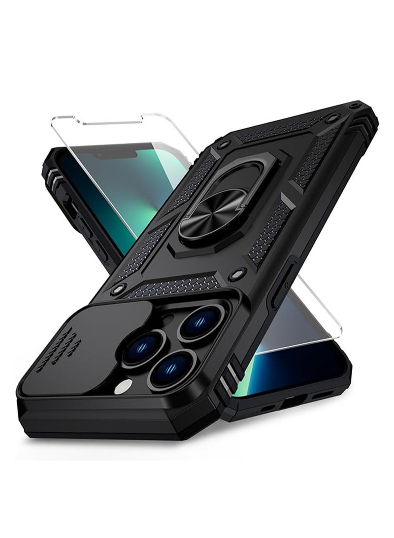 WRISTWISE Case Cover for iPhone 13 Pro with Camera Lens Cover, 1 HD Screen Protector, 10 FT Military Grade Drop Protection, Magnetic Ring Holder Kickstand Protective Phone Case for iPhone 13 Pro, Black - Image 1