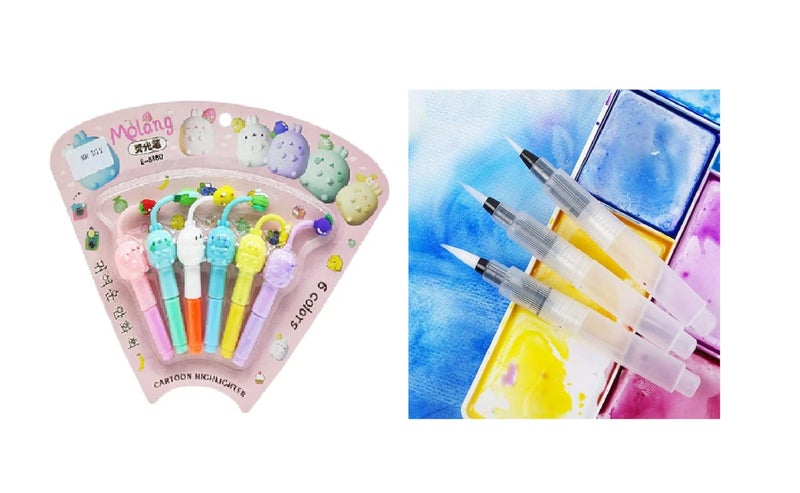 M.F.H 3PCS Water Coloring Pens Portable Brush Pencil Soft Watercolor Brush Pen for Beginner Painting Drawing Art Supplies and Cartoon Highlighter 6Pc (Pack of 2) Combo  - Image 1